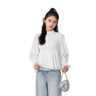 紫涵木耳边立领收腰衬衫女秋季新款休闲法式喇叭长袖镂空纯棉衬衣