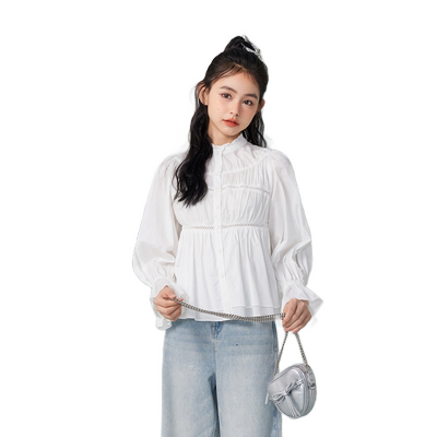 紫涵木耳边立领收腰衬衫女秋季新款休闲法式喇叭长袖镂空纯棉衬衣