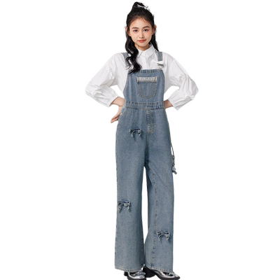 紫涵复古牛仔背带裤女秋季新款可调节肩带休闲立领蝴蝶结阔腿裤子