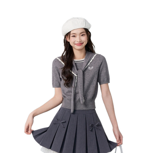 紫涵短款修身针织衫女秋季新款休闲学院风简约短袖圆领毛衣赠披肩