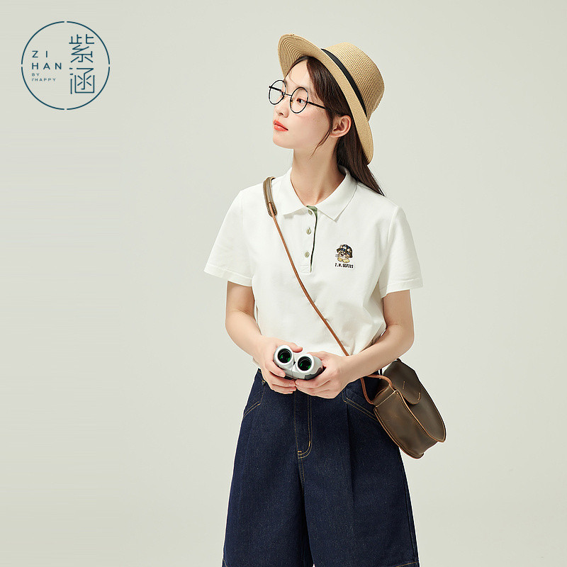 紫涵polo领休闲短袖女夏季新款卡通刺绣学院运动上衣打底时尚百搭