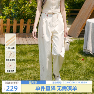 百搭宽松显瘦长裤 紫涵刺绣直筒裤 日系简约高腰休闲裤 新款 子 女夏季