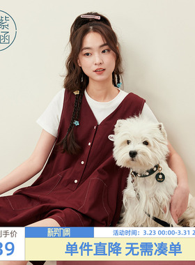 紫涵红色V领无袖背带裤女士夏季新款小个子减龄休闲叠穿连体短裤