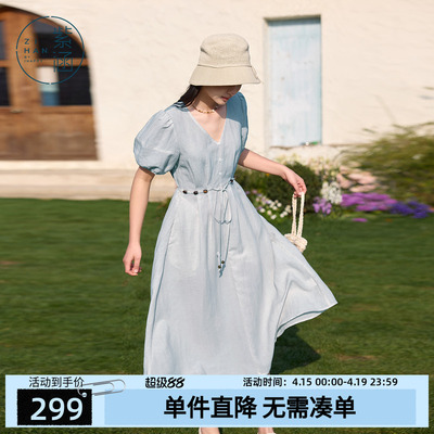 紫涵V领度假风连衣裙夏季新款浪漫波嬉风系绳收腰显瘦灯笼袖长裙