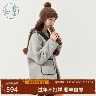 紫涵短款仿羊羔毛连帽外套女2025冬季新款格纹撞色小个子宽松上衣