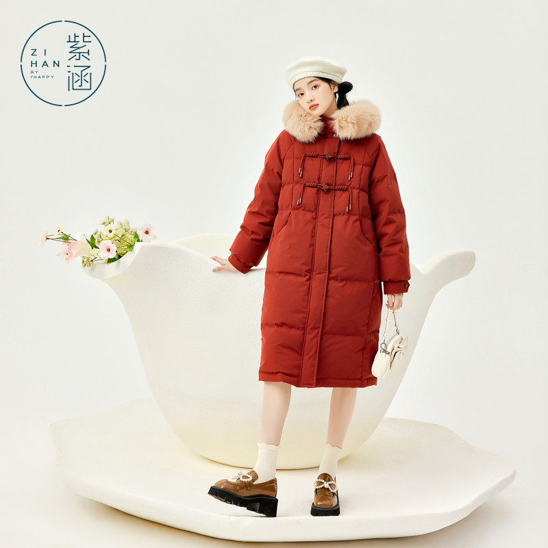 紫涵大毛领红色羽绒服女冬季新款宽松加厚白鸭绒巨好看冬季外套潮