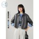 高智简约通勤宽松下摆抽褶外套 新款 紫涵短款 翻领深灰皮衣女士秋季