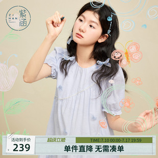 紫涵白色花朵泡泡袖连衣裙女夏季新款甜美减龄多巴胺a字娃娃裙子