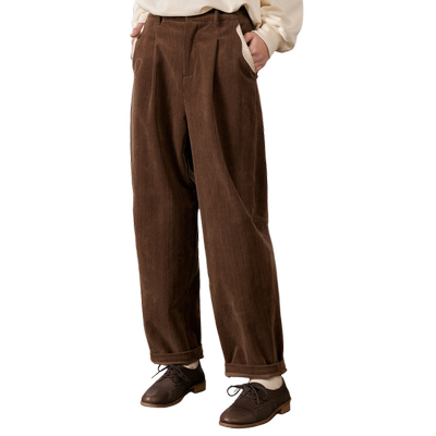 紫涵灯芯绒高腰阔腿裤女秋季新款通勤复古咖色保暖柔软宽松休闲裤