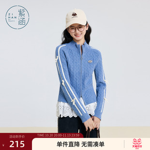 紫涵蓝色半高领麻花肌理针织开衫女冬季新款条纹双开拉链内搭毛衣