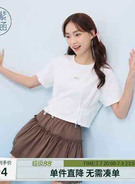紫涵短款蕾丝蝴蝶结短袖T恤女士夏季新款设计感白色正肩圆领上衣