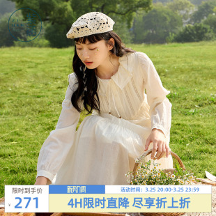 法式 新款 甜美休闲收腰纯棉a字裙 连衣裙女春秋季 紫涵圆领拼接长袖