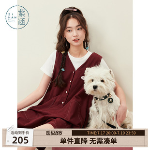 紫涵红色V领无袖背带裤女士夏季新款小个子减龄休闲叠穿连体短裤