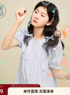 紫涵白色花朵泡泡袖连衣裙女夏季新款甜美减龄多巴胺a字娃娃裙子