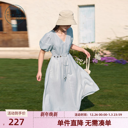 紫涵V领度假风连衣裙2025夏季新款浪漫波嬉风系绳收腰灯笼袖长裙