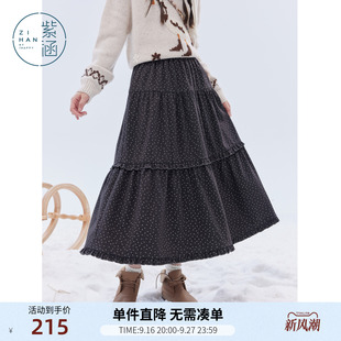 紫涵复古碎花半身裙女冬季新款波点木耳边拼接印花宽松高腰a字裙