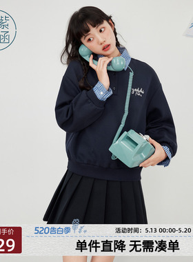 紫涵假两件POLO领卫衣女春秋季新款蓝色格纹拼接刺绣休闲宽松上衣