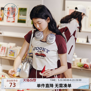 紫涵短款圆领卡通印花白色T恤女士夏季新款美式撞色插肩短袖上衣