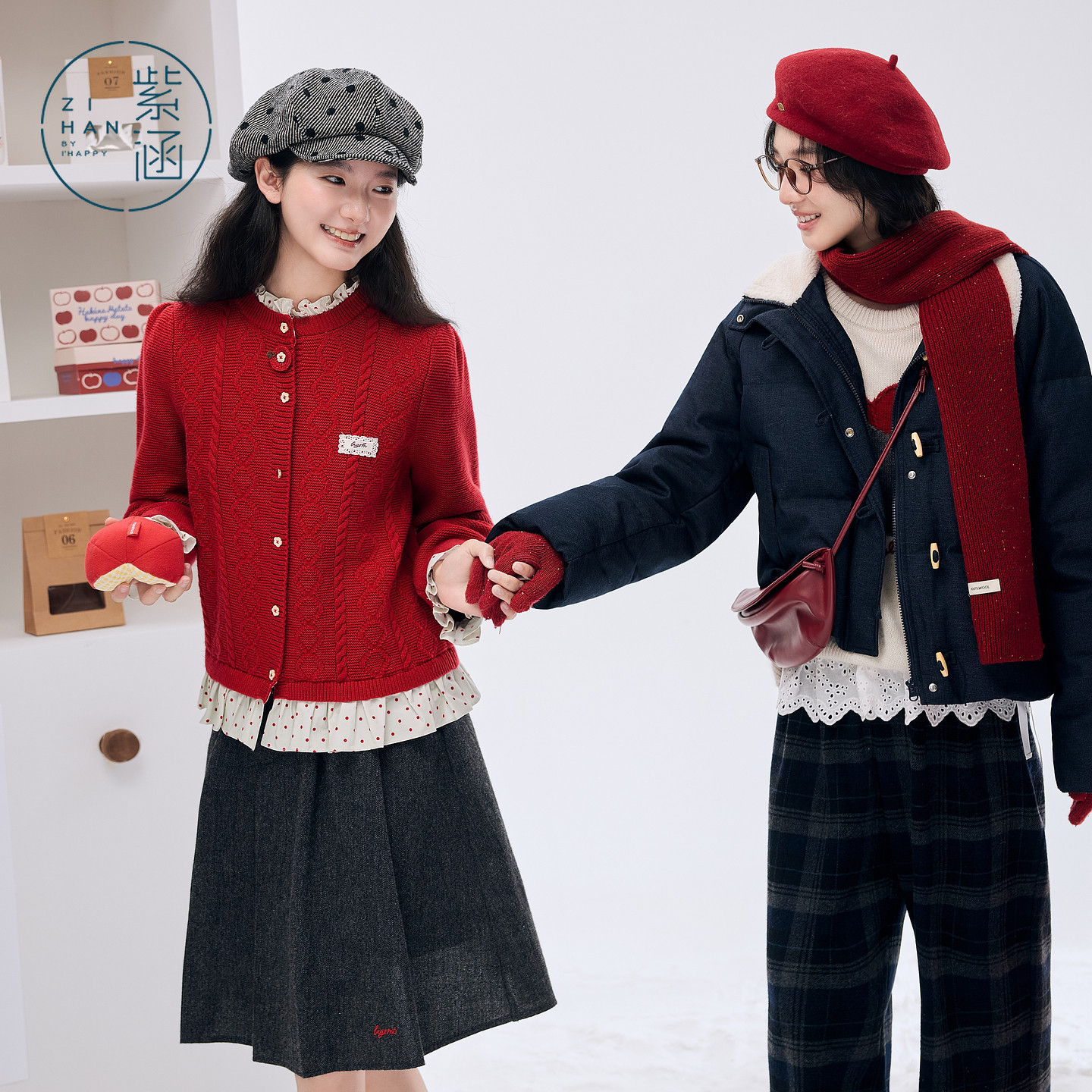 紫涵假两件圆领麻花针织开衫女2025冬季新款波点拼接内搭毛衣外套