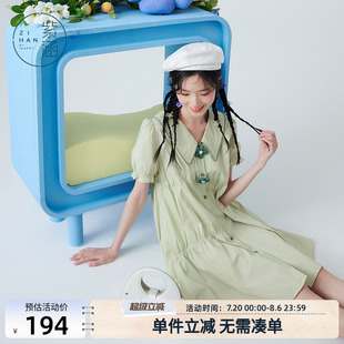 紫涵翻领A字连衣裙夏季 撞色抽褶娃娃裙中长裙甜美休闲 新款 泡泡袖