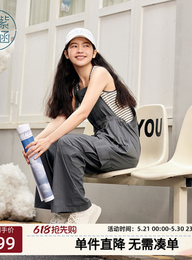 紫涵灰色吊带工装背带裤女士夏季美式复古宽松阔腿连体裤户外穿搭