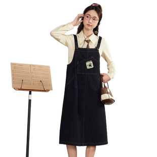 紫涵复古牛仔背带裙女秋季新款学院风休闲时尚宽松遮肉直筒连衣裙