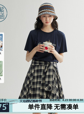 紫涵假两件设计感格纹连衣裙女2026夏季新款猫咪印花T恤拼接短裙
