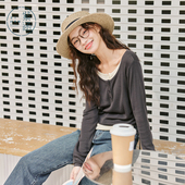 抽绳显瘦圆领内搭长袖 新款 上衣 女春秋季 紫涵莱赛尔假两件针织衫