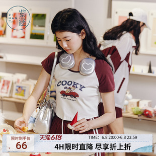 紫涵短款圆领卡通印花白色T恤女士夏季新款美式撞色插肩短袖上衣