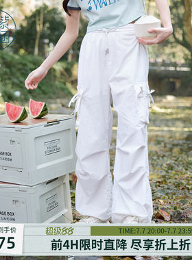 紫涵美式街头户外穿搭白色工装裤女士夏季新款蝴蝶结高腰直筒长裤