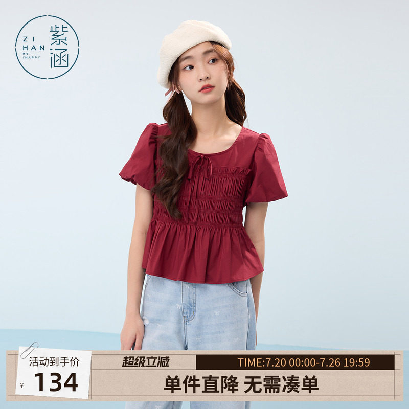 紫涵圆领泡泡袖打揽娃娃衫女士夏季新款甜美减龄休闲红色显瘦小衫