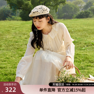 法式 新款 甜美休闲收腰纯棉a字裙 连衣裙女春秋季 紫涵圆领拼接长袖