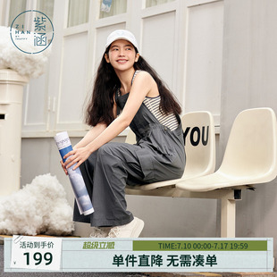 紫涵灰色吊带工装背带裤女士夏季美式复古宽松阔腿连体裤户外穿搭