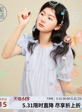 紫涵白色花朵泡泡袖连衣裙女夏季新款甜美减龄多巴胺a字娃娃裙子