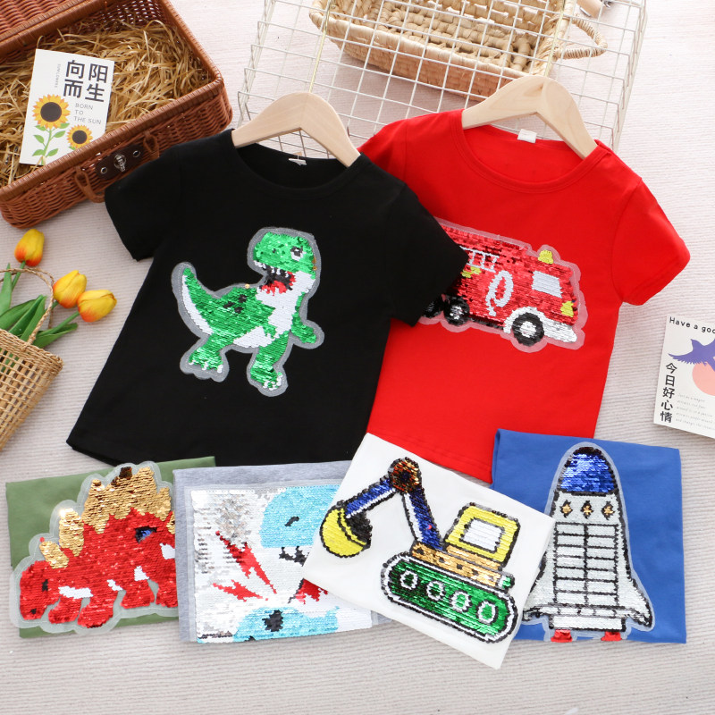 男童纯棉变色亮片短袖T恤 夏季薄款儿童装小男孩洋气卡通半袖上衣