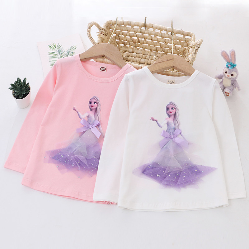 女童纯棉弹力立体公主长袖T恤 春秋款儿童宝宝小女孩卡通圆领上衣