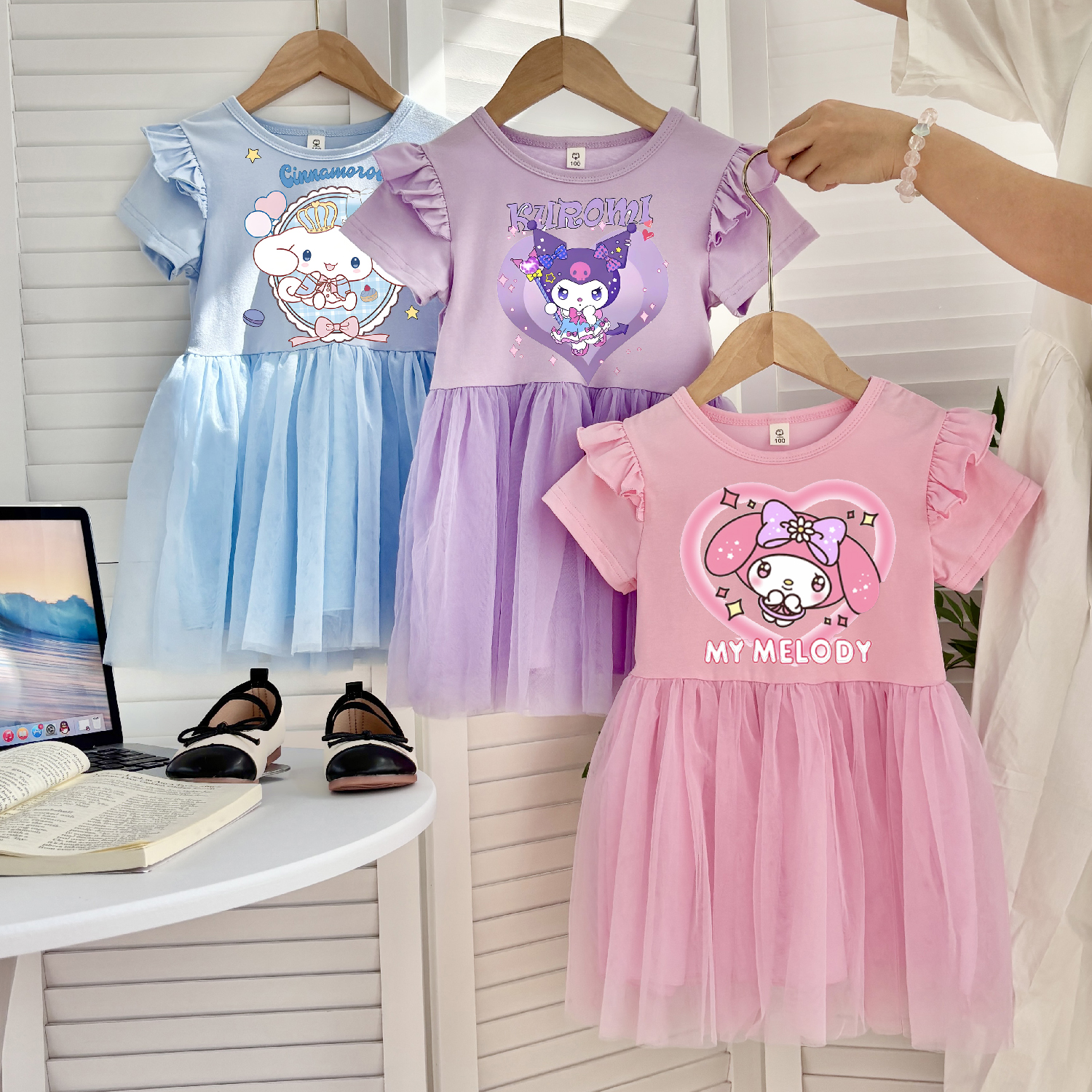 女童飞袖纯棉网纱连衣裙