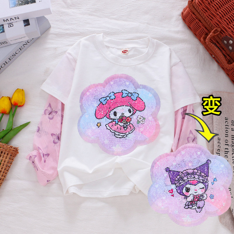 女童纯棉假两件冰丝防晒长袖T恤 25夏薄款儿童装变色亮片短袖上衣