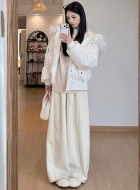 白色加绒弯刀阔腿裤女冬季2025新款高腰显瘦宽松垂坠感加厚休闲裤
