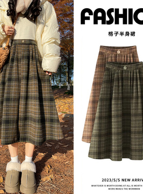 格子长裙女2025春季新款半身裙伞裙小个子格子裙子复古韩版a字裙