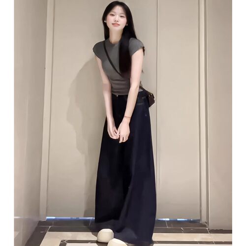 蓝色百搭遮胯牛仔裤子女秋季美式复古高腰显瘦宽松垂感直筒阔腿裤