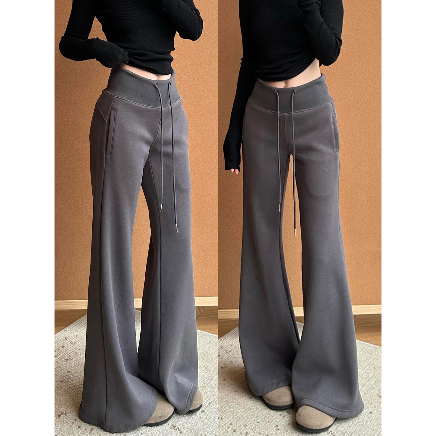 灰色运动微喇裤女秋冬2025新款高腰显瘦小个子垂感休闲喇叭长裤子