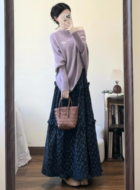 蓝色韩系复古碎花长裙女秋季2025年新款小个子高腰显瘦a字伞裙子