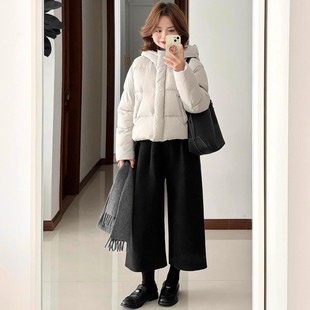 黑色小个子毛呢加绒八分阔腿裤女秋冬2025新款加厚休闲西装直筒裤