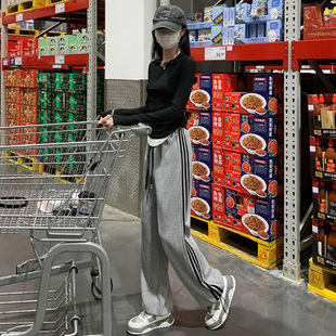 条纹运动裤女秋冬2025新款阔腿直筒裤休闲小个子宽松加厚加绒卫裤