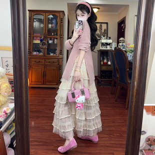 杏色温柔甜美网纱蓬蓬A字长裙2026年春季 半身裙白纱裙蛋糕裙 新款