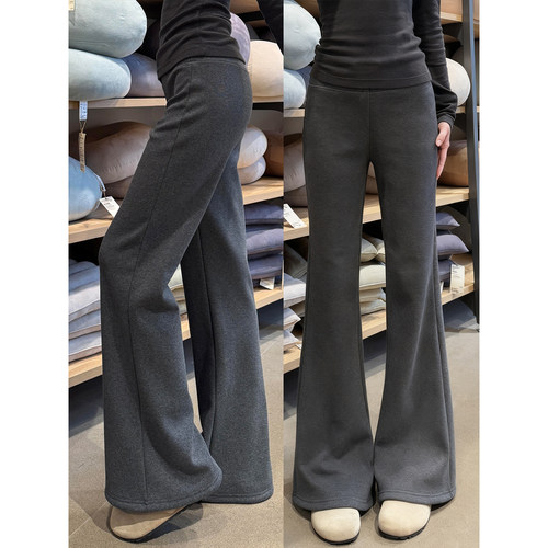 灰色加绒加厚微喇裤女秋冬季2025新款高腰显瘦修身喇叭阔腿长裤子