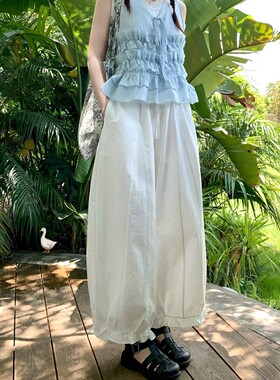 白色花边裤脚灯笼裤女2026夏季新款高腰显瘦薄款休闲裤九分阔腿裤