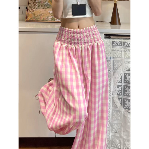 粉色格子花苞裤女夏季2026新款高腰松弛感宽松显瘦休闲灯笼阔腿裤