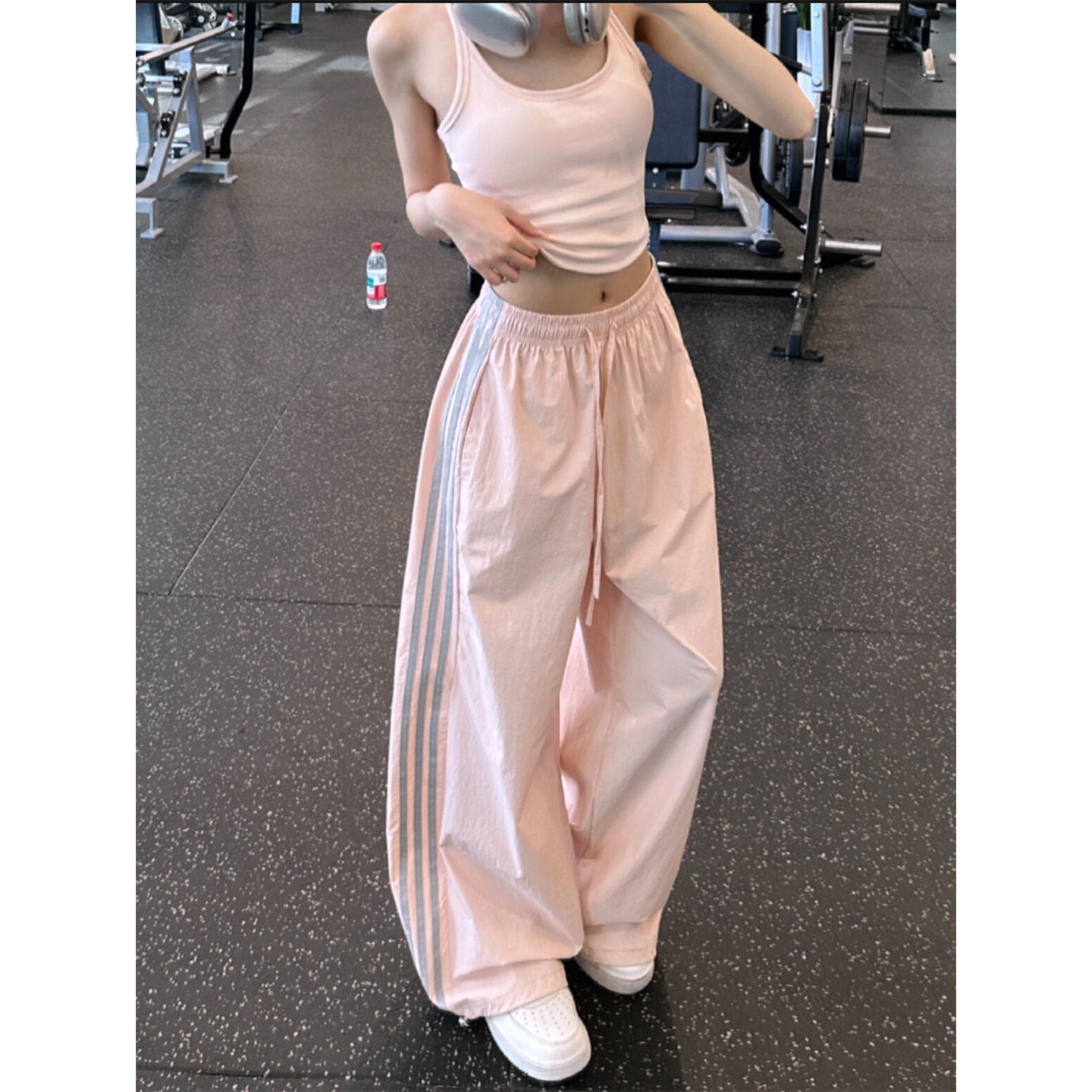 粉色速干休闲裤子女夏季2026新款高腰显瘦直筒条纹阔腿束脚运动裤